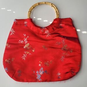 Red Floral Brocade Handbag with Bamboo Handles